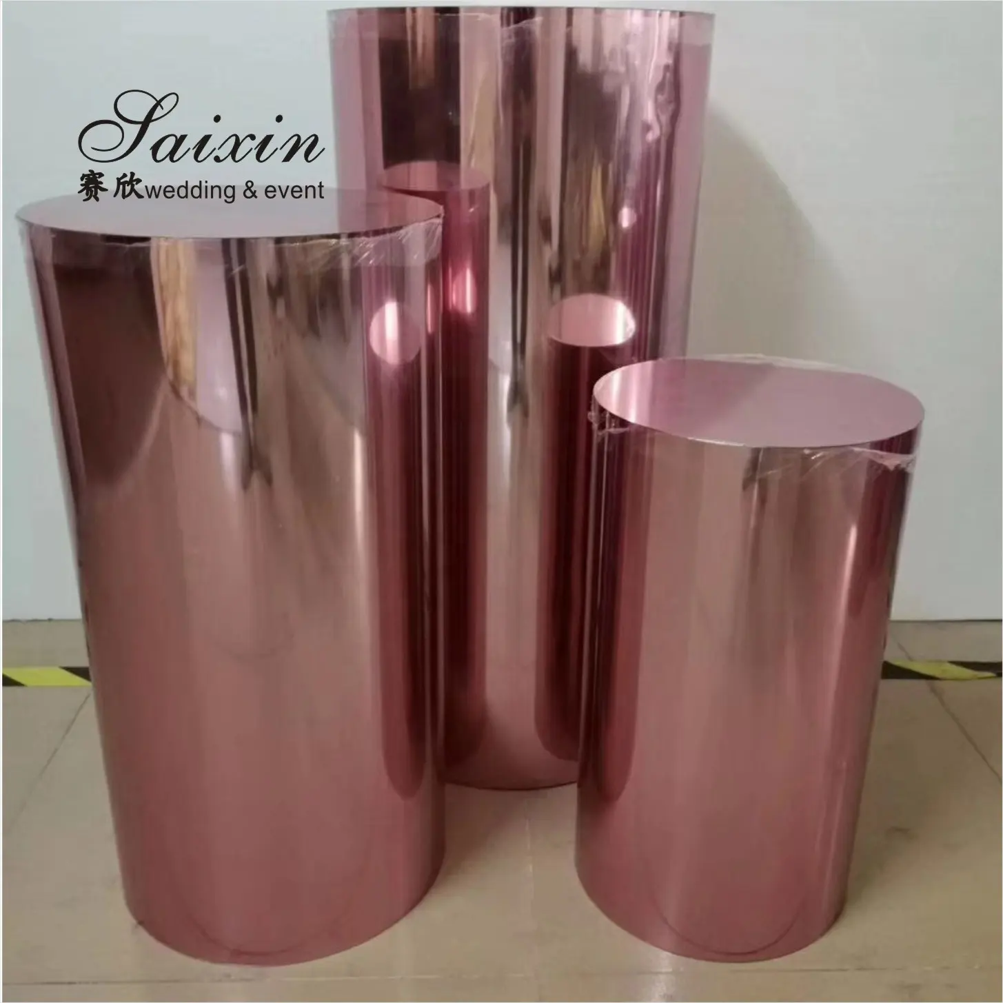 Beautiful rose gold mirrored cylinder pillar pedestal stand for wedding backdrop decoration