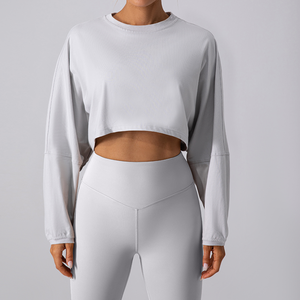 <span class=keywords><strong>Sudadera</strong></span> Deportiva Corta de Alta Calidad, Cuello Redondo, Corte Holgado, 220G, para Yoga y Running - Top de Manga Larga para <span class=keywords><strong>Mujer</strong></span> - Product Image 1