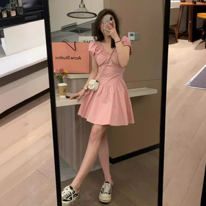 Black V-neck Puff Sleeve Pleated Dress For Women Casual Summer Short Skirt Solid Color Daily Wear - Product Image 3