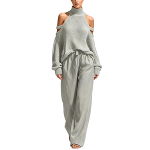 <span class=keywords><strong>Ensemble</strong></span> décontracté 2 pièces pour <span class=keywords><strong>femme</strong></span> : pull en maille à épaules dénudées et <span class=keywords><strong>pantalon</strong></span> large à cordon Sehe Fashion - Product Image 1