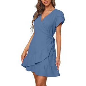 Vestido corto de verano con cuello en V, cinturón, mangas de pétalo, corte ajustado y acampanado, informal, para fiesta, tejido transpirable para mujer. - Product Image 2