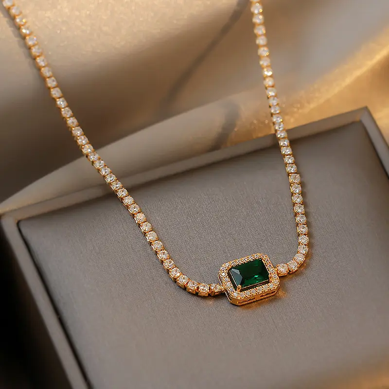 Messia square CZ diamond gemstone green emerald copper jewelry tennis chain necklace for women