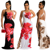 Plus Size Damen bekleidung Hot Sale Mode Big Flower Print Cami Criss-Cross Backless Split Langes Blumen kleid für dicke Frauen
