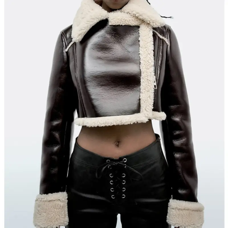 Outono e Inverno Moda das Mulheres Novas Versátil Dupla face Jaqueta Curta Falso Cordeiro Fleece Composite Leather Coat