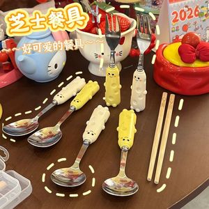 Cartoon Style Portable Cutlery Set Spoon Fork Chopsticks Kit For Children Students Travel Use With Plastic Case - Product Image 3
