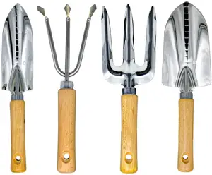 Heavy Duty Gardening Kit Hand Trowel Transplant Trowel Cultivator Hand Rake and Planting Fork with Wood Handle