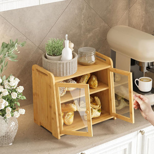 Boîte à pain en bambou de stockage de pain <span class=keywords><strong>fait</strong></span> <span class=keywords><strong>maison</strong></span> à 2 niveaux ZC équipée d'un récipient à pain à double porte pour comptoir de cuisine - Product Image 1