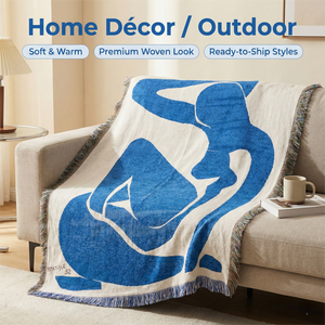 Coperta Decorativa Jacquard con Motivo Astratto Musa Blu, Pesante, Multiuso, Arredamento Moderno, Dimensioni e Logo Personalizzabili - Product Image 1