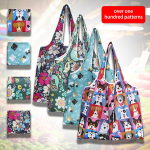 Stock Full Printing Patterns Expansível Folding Grocery <span class=keywords><strong>Bag</strong></span> 190T Poliéster Dobrável Sacola de compras com bolso pequeno - Product Image 2