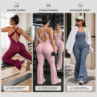 Combinaison de sport une pièce pour femme à motif léopard, jambe évasée, dos ouvert croisé, pour yoga, gym, entraînement et fitness