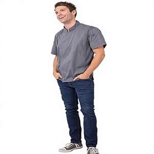 Camisa de Chef Gris de Manga Corta para Hombre, Cierre de Botones, Algodón Tejido, Uniforme para Restaurante o Bar - Product Image 1
