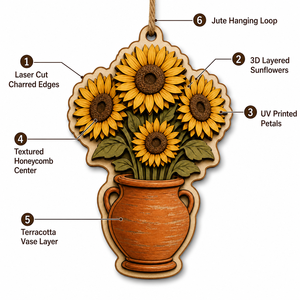 Decorazione Murale Girasole 20cm |   Vaso Decorativo 3D in Compensato di Pioppo Multistrato |   OEM Ingrosso CPSC |   Decorazione da Parete per Casa Accogliente in Stile Rustico - Product Image 4