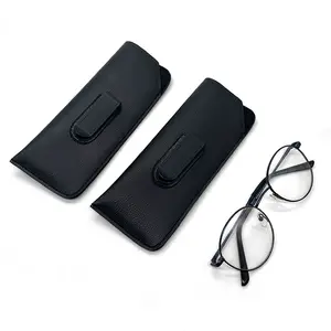 Portable black pu eyeglasses pouch simple eyeglasses case with clip