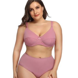 Conjunto de <span class=keywords><strong>sujetador</strong></span> y calzoncillos con aros de cobertura completa para mujer de 2 piezas de talla grande Push-Up con decoración de lazo Bragas de bikini con patrón sólido - Product Image 1