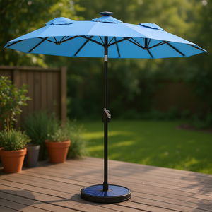 Sombrilla de patio de doble cara de 9.7' color azul claro con manivela de inclinación y luz LED solar para espacios exteriores - Product Image 2