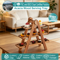 Plateau de service pliable personnalisé en bois d'acacia à 3 niveaux avec 3 assiettes amovibles