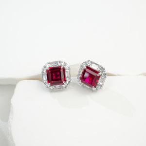 925 Sterling Silver Emerald Cut Lab Created Ruby Halo <b>Stud</b> Earrings - Product Image 2
