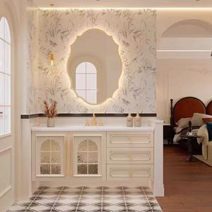 French cream bathroom cabinet <b>oak</b> with heat-bent integrated basin wall-mounted wall cabinet with LED light strip - Product Image 2