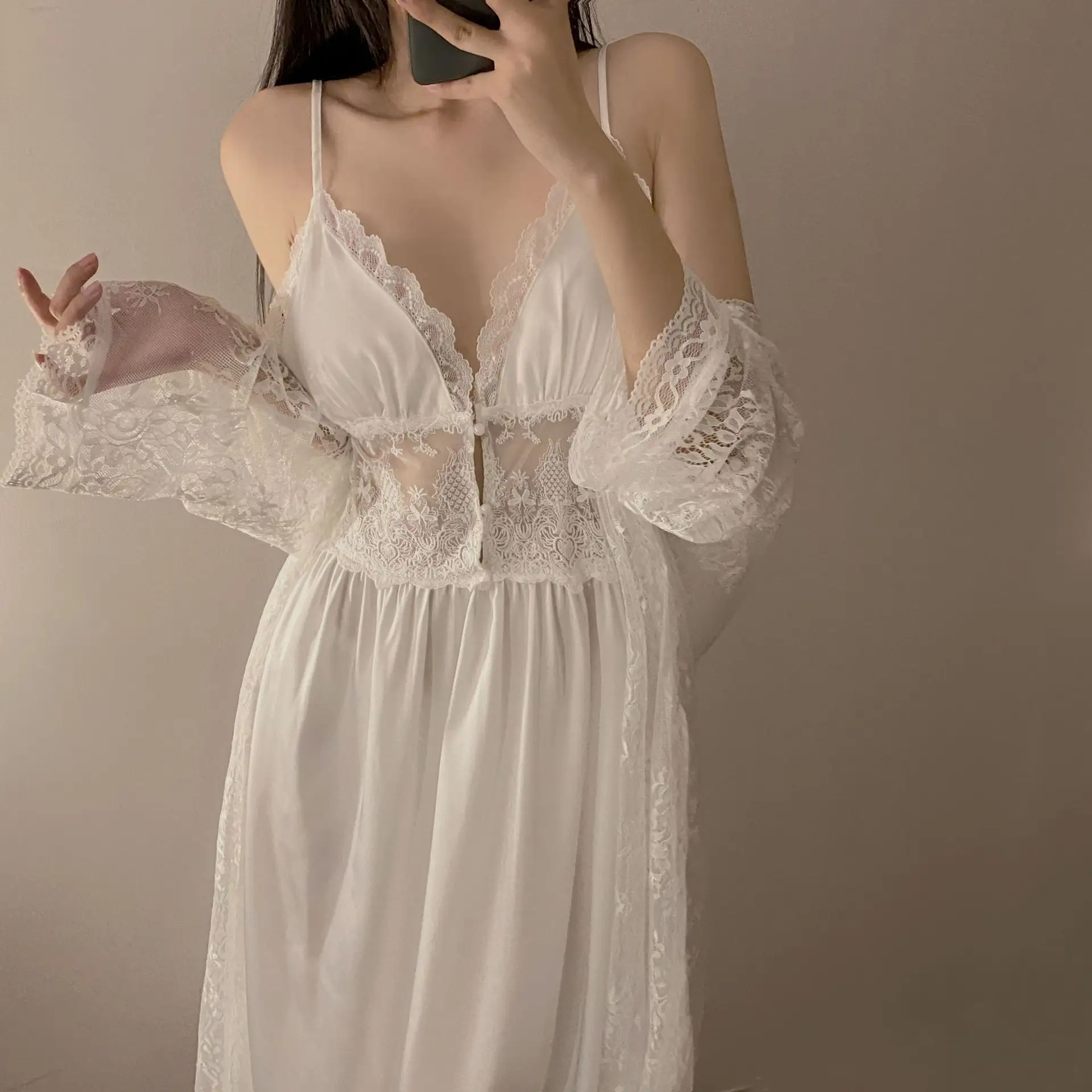 Newest Two Pieces Lace Robe Vintage Nighty Sexy Silk Satin Nightdress 2pcs Long Sleepwear Robe Set for Women