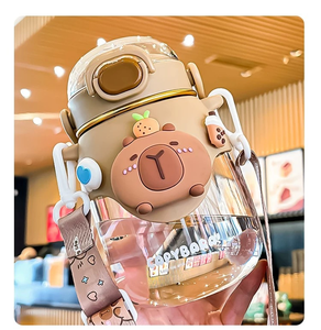 Gelas Plastik PC Capibala Double Drink Baru dengan Tutup Elastis, Sedotan & Tali, Desain Kartun Kreatif, Untuk Anak-Anak Unisex, Cocok untuk Perjalanan - Product Image 5