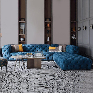 Divano |   Set di Divani a Tre Posti in Velluto di Lusso Stile Nordico |   Divano a U con Bottoni Trapuntati e Imbottitura in Lattice, Design Italiano per Casa e Ufficio - Product Image 5