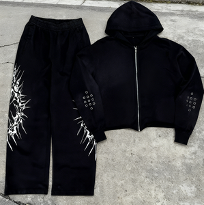 Özel Logo Streetwear Zip-up Hoodies ve Sweatpants 2 parça ağır Dtg baskı güneş soluk Hoodie seti - Product Image 3