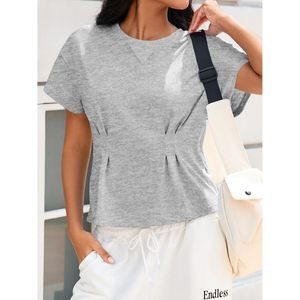 Camiseta Peplum Personalizada para Mujer, Manga Corta, Cuello Redondo, Corte Holgado Informal, Color Sólido, Camiseta de Verano de Largo Regular, Estilo Fluido - Product Image 4