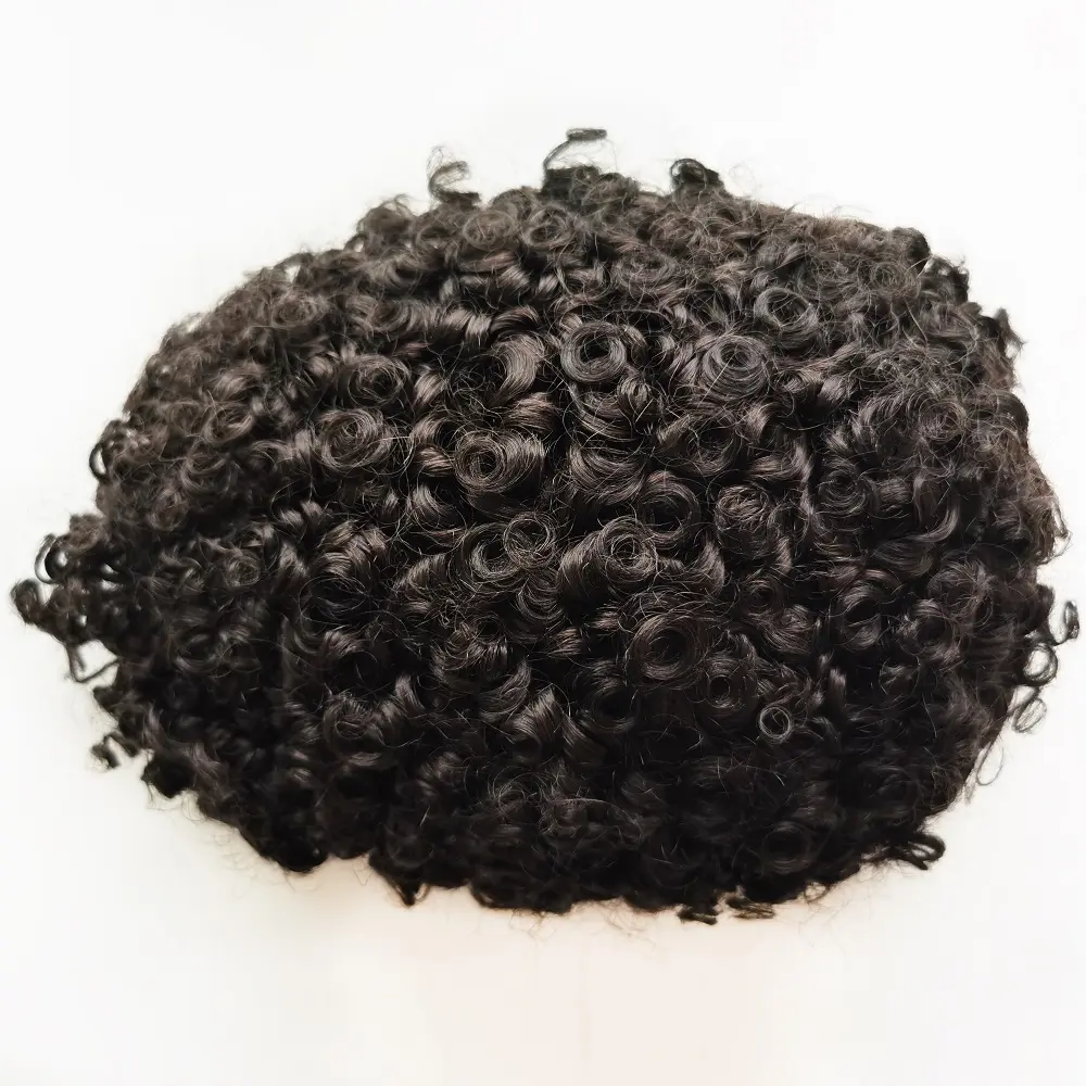 ขายส่งราคาถูก Afro โค้งเต็ม PU ผิวบาง Toupee สําหรับผู้ชายผิวดําชิ้นผมมนุษย์ Toupee