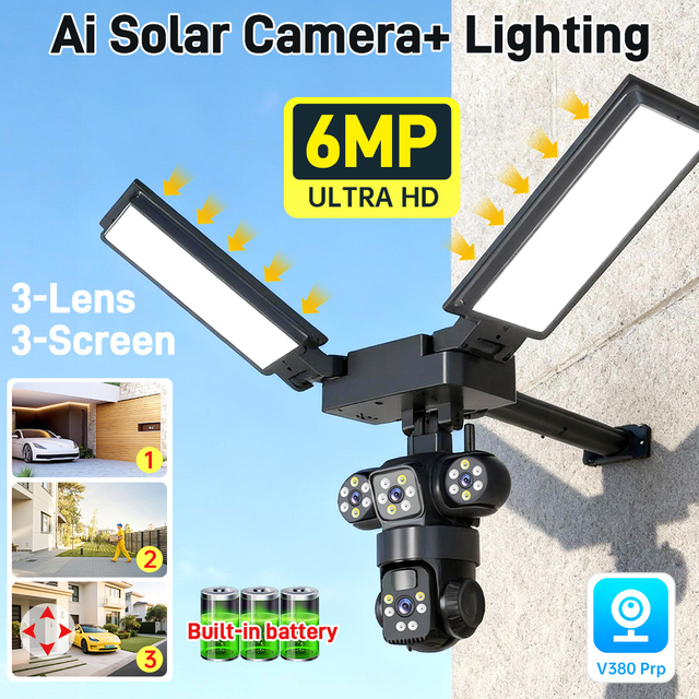 Wireless Solar Camera Light 4G/LTE 3 Lens 3 Screen Solar Camera Auto Tracking 360°Battery Siren Alarm V380 Pro CCTV Outdoor
