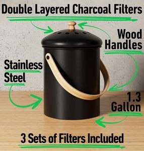 Kitchen Counter <strong>Compost</strong> Bin Black Standing Storage Bucket <strong>Wood</strong> Handles Double-Layered Charcoal Filters - Product Image 3