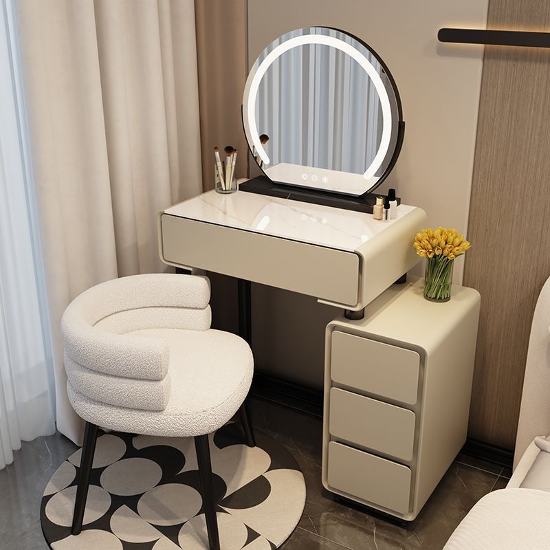 khaki gray 80cm table + mirror + cream-colored stool