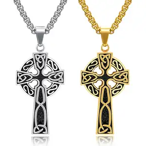 Vintage Celtic Cross Necklace Viking Ireland Mens Engraved Necklaces Stainless Steel AmuletJewelry