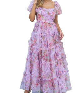 2024 estate eleganti da <span class=keywords><strong>donna</strong></span> abiti da <span class=keywords><strong>donna</strong></span> in <span class=keywords><strong>Tulle</strong></span> floreale con volant a manica corta - Product Image 1