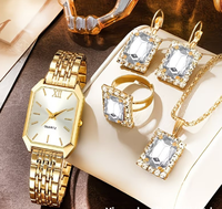 Ensemble de bijoux pour femme avec montre à quartz à cadran diamanté, boîtier de 9 mm, coffret cadeau 5 pièces : collier, bague, boucles d'oreilles