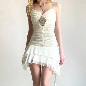 ชุดเดรสสไตล์ฝรั่งเศสสำหรับผู้หญิง ดีไซน์ระบายประดับเพชร ลายปักแบบมีเลเยอร์ ชายกระโปรงไม่สมมาตร ชุดเดรสฤดูร้อนแสนหวาน - Product Image 5