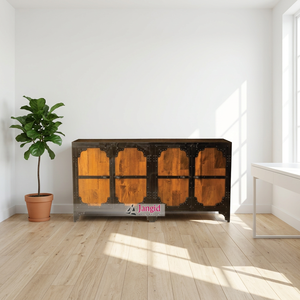 Buffet de rangement industriel en bois avec armoire à buffet métallique intégrée, 4 portes, artisanat indien, meubles pour hôtel et salon - Product Image 6