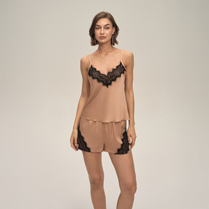 Ensemble pyjama en soie pour femmes, avec dentelle, col en V, sans manches, short, vêtements de nuit, couleur unie, finition satinée, lingerie d'été, 2 pièces - Product Image 4