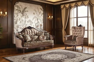 Ensemble de canapés en bois massif européen, meubles de salon traditionnels rembourrés en velours avec accoudoirs à volutes et dossier capitonné - Product Image 4