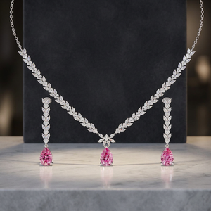 Luxury Women 925 Silver Rhodium Plated Pendant <b>Necklace</b> With Pink Pear Cut Diamond Drop Earrings Set Wedding Jewelry - Product Image 3