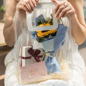 Grosir tas jinjing bunga kustom tas tangan transparan Dekorasi bunga PVC kemasan buket bunga lucu dengan pegangan