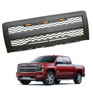 KSC Auto Matte Hitam ABS Depan Mesh Grille Custom Grill Cocok untuk Chevy Silverado 1500 2014-2015 dengan 3 amber LED Lampu