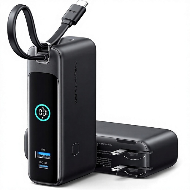 INIU Compact Portable Charger 10000mAh 30W Fast Charge Power Bank With Built-in USB-C Cord Foldable AC Plug Multi Ports Travel