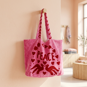 Wholesale Custom Handmade Pink Velvet Tote <b>Bag</b> Featuring Dark Red PEACE Lettering Doves <b>Hearts</b> and Floral Applique Embroidery - Product Image 4