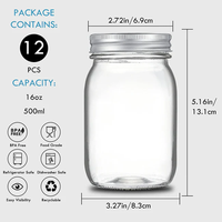 Bocaux en verre à large ouverture de 16 oz (500 ml) pour confiture, miel, cornichons, jus, gelée, avec couvercle, pour la mise en conserve