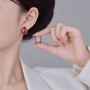 Pendientes de Botón Geométricos de Doble Cara, Chapados en Oro de 18K, Plata S925 y Cobre Esmaltado Rojo, de Lujo Francés de Alta Gama para Mujer, Regalo Sencillo - Product Image 2