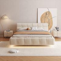 Lit de luxe Wabi-sabi avec suspension lumineuse, double rembourrage en tissu, bois massif