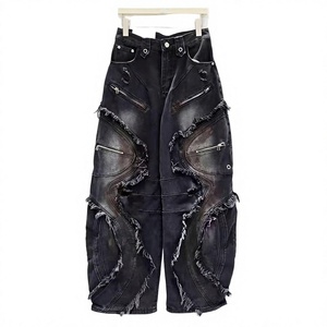 Pantalones Cargo de Mezclilla Negros, Transpirables, de Corte Holgado, con Bolsillos con Cremallera y Bordes Deshilachados, Estilo Urbano, Jeans para Hombre - Product Image 1