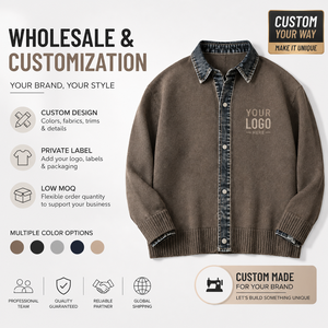<span class=keywords><strong>Cardigan</strong></span> da Uomo Autunnale Vintage in Maglia con Colletto in Denim, Misto Lana, Effetto Stratificato, Vestibilità Ampia, Anti-restringimento, con Chiusura Frontale - Product Image 1