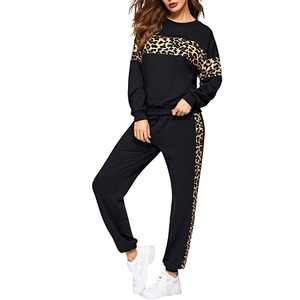 Women <b>Leopard</b> <b>Print</b> Tracksuit Set Black Full Sleeve Crew Neck Casual Sweatshirt Joggers Two Piece Outfit Autumn Wear - Product Image 1