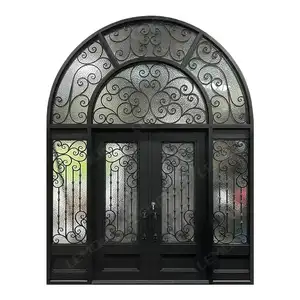 Porta principal de jardim de luxo em promoção, portão em metal forjado com desenhos de vidro para casa, arco de metal, em promoção
